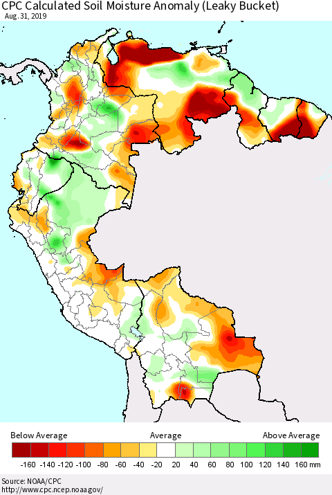 Northern South America CPC Soil Moisture Departure from Normal (Leaky Bucket) Thematic Map For 8/26/2019 - 8/31/2019