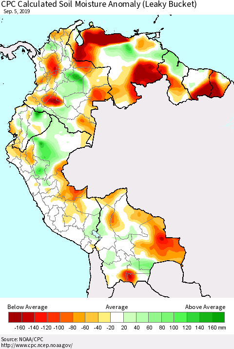 Northern South America CPC Soil Moisture Departure from Normal (Leaky Bucket) Thematic Map For 9/1/2019 - 9/5/2019
