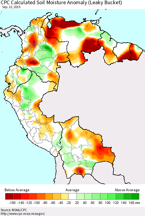 Northern South America CPC Soil Moisture Departure from Normal (Leaky Bucket) Thematic Map For 9/6/2019 - 9/10/2019