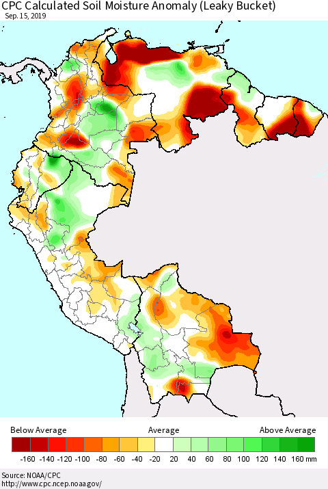 Northern South America CPC Soil Moisture Departure from Normal (Leaky Bucket) Thematic Map For 9/11/2019 - 9/15/2019