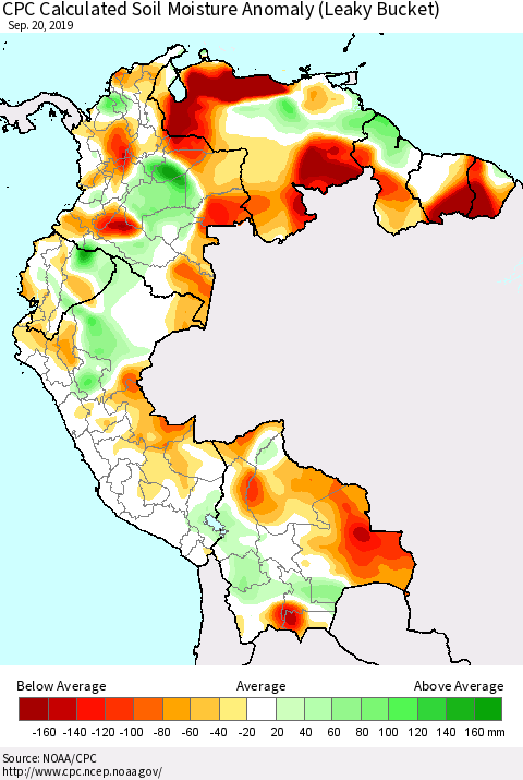Northern South America CPC Soil Moisture Departure from Normal (Leaky Bucket) Thematic Map For 9/16/2019 - 9/20/2019