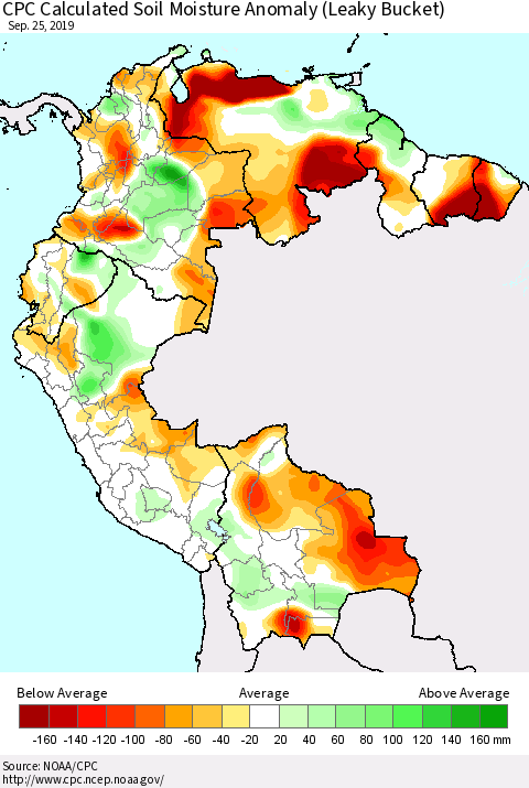 Northern South America CPC Soil Moisture Departure from Normal (Leaky Bucket) Thematic Map For 9/21/2019 - 9/25/2019