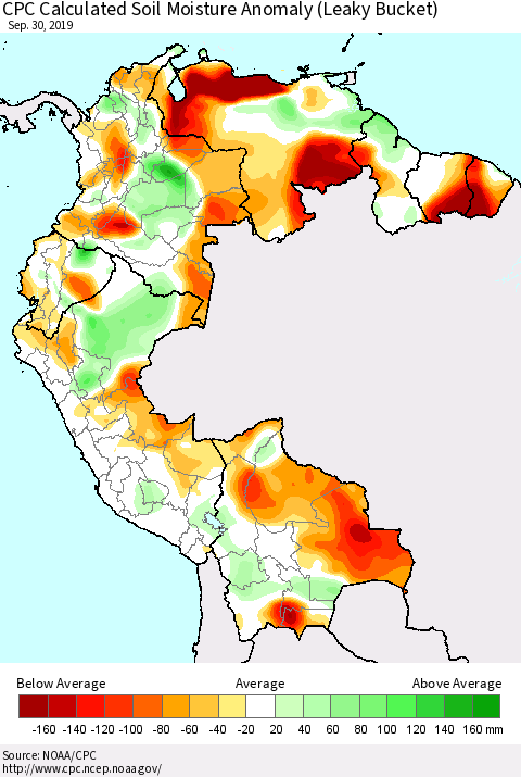 Northern South America CPC Soil Moisture Departure from Normal (Leaky Bucket) Thematic Map For 9/26/2019 - 9/30/2019