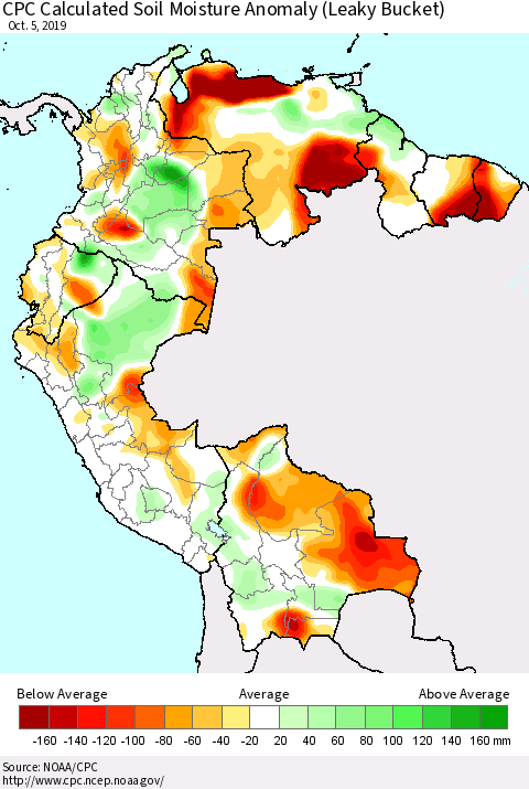 Northern South America CPC Soil Moisture Departure from Normal (Leaky Bucket) Thematic Map For 10/1/2019 - 10/5/2019