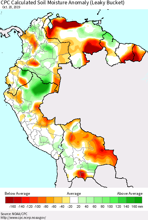 Northern South America CPC Soil Moisture Departure from Normal (Leaky Bucket) Thematic Map For 10/16/2019 - 10/20/2019