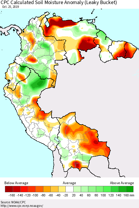 Northern South America CPC Soil Moisture Departure from Normal (Leaky Bucket) Thematic Map For 10/21/2019 - 10/25/2019