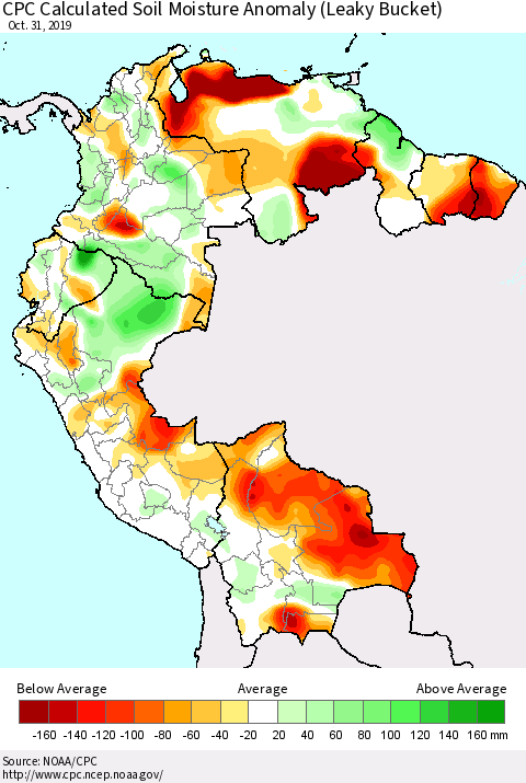 Northern South America CPC Soil Moisture Departure from Normal (Leaky Bucket) Thematic Map For 10/26/2019 - 10/31/2019