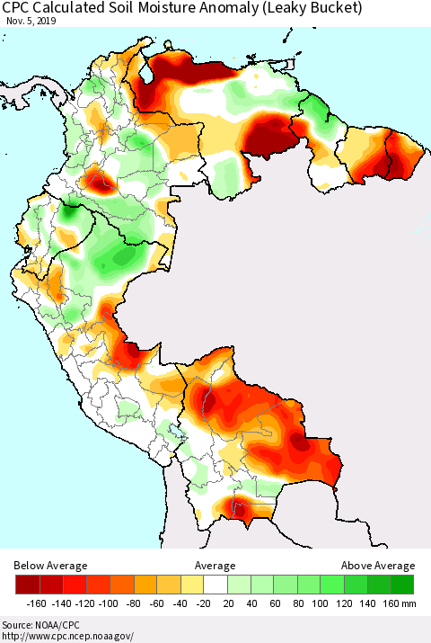 Northern South America CPC Calculated Soil Moisture Anomaly (Leaky Bucket) Thematic Map For 11/1/2019 - 11/5/2019