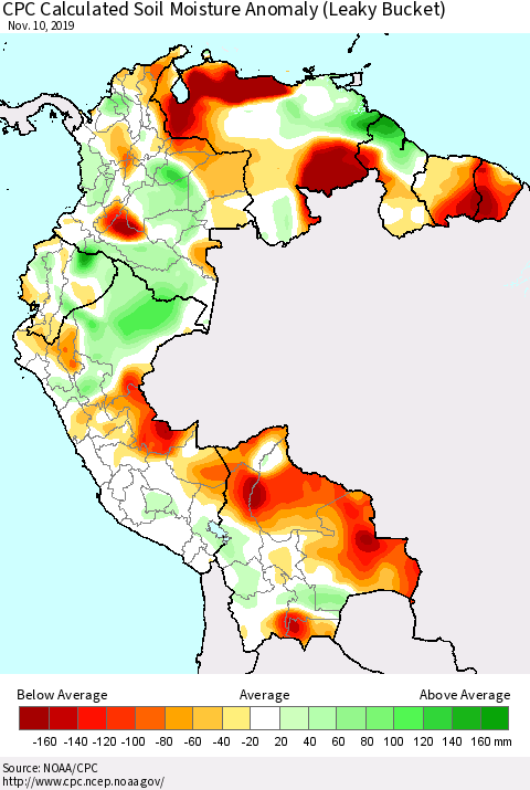 Northern South America CPC Calculated Soil Moisture Anomaly (Leaky Bucket) Thematic Map For 11/6/2019 - 11/10/2019