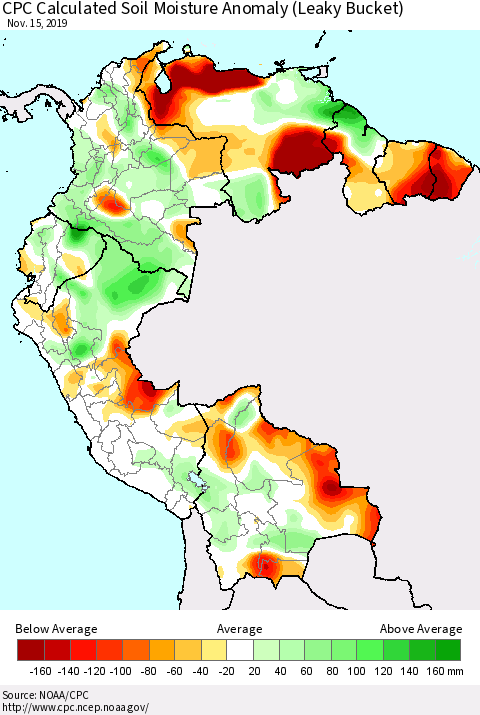 Northern South America CPC Soil Moisture Departure from Normal (Leaky Bucket) Thematic Map For 11/11/2019 - 11/15/2019