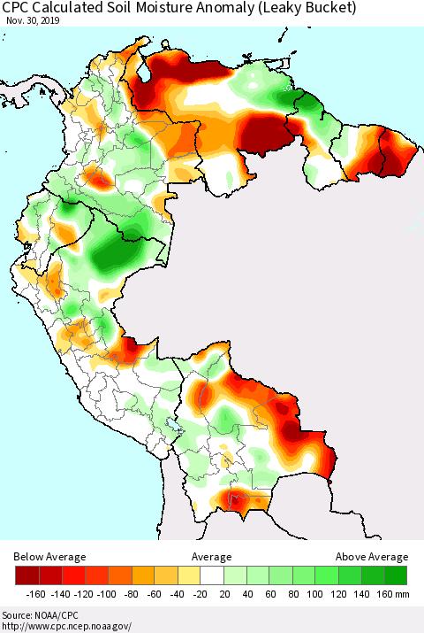 Northern South America CPC Calculated Soil Moisture Anomaly (Leaky Bucket) Thematic Map For 11/26/2019 - 11/30/2019