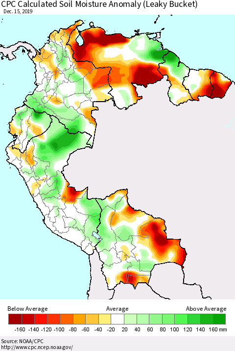 Northern South America CPC Calculated Soil Moisture Anomaly (Leaky Bucket) Thematic Map For 12/11/2019 - 12/15/2019