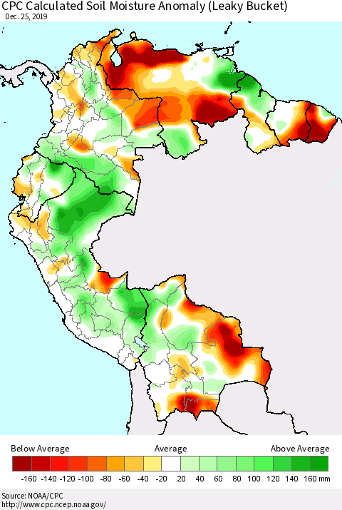 Northern South America CPC Calculated Soil Moisture Anomaly (Leaky Bucket) Thematic Map For 12/21/2019 - 12/25/2019