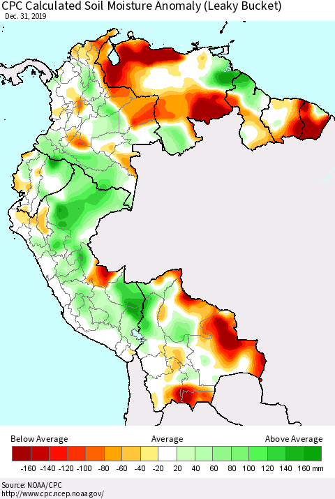 Northern South America CPC Soil Moisture Departure from Normal (Leaky Bucket) Thematic Map For 12/26/2019 - 12/31/2019