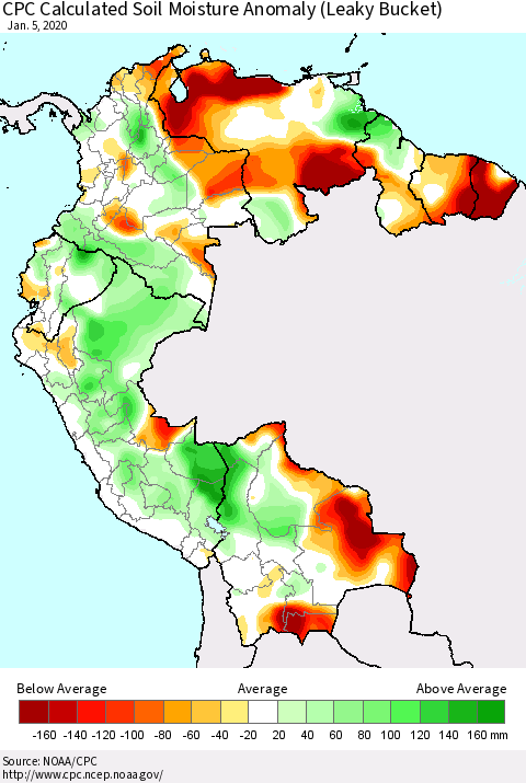 Northern South America CPC Soil Moisture Departure from Normal (Leaky Bucket) Thematic Map For 1/1/2020 - 1/5/2020