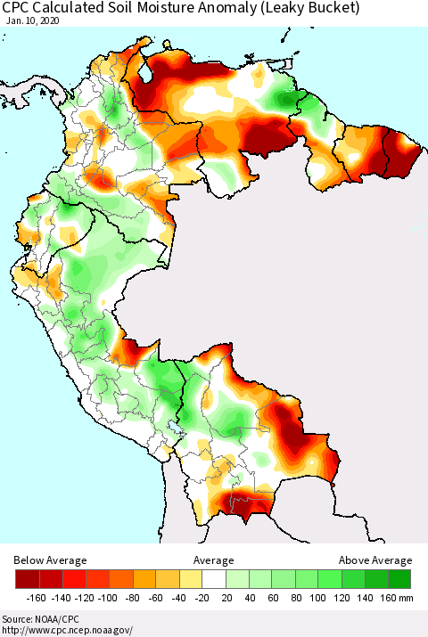 Northern South America CPC Soil Moisture Departure from Normal (Leaky Bucket) Thematic Map For 1/6/2020 - 1/10/2020