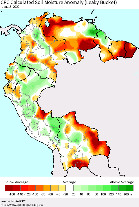 Northern South America CPC Calculated Soil Moisture Anomaly (Leaky Bucket) Thematic Map For 1/11/2020 - 1/15/2020