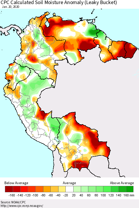 Northern South America CPC Calculated Soil Moisture Anomaly (Leaky Bucket) Thematic Map For 1/16/2020 - 1/20/2020