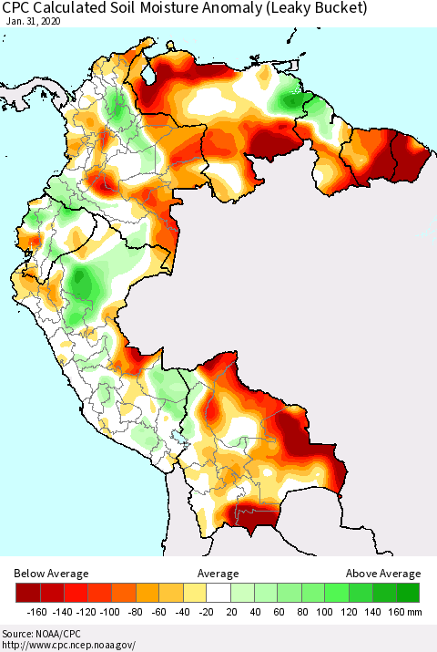 Northern South America CPC Soil Moisture Departure from Normal (Leaky Bucket) Thematic Map For 1/26/2020 - 1/31/2020