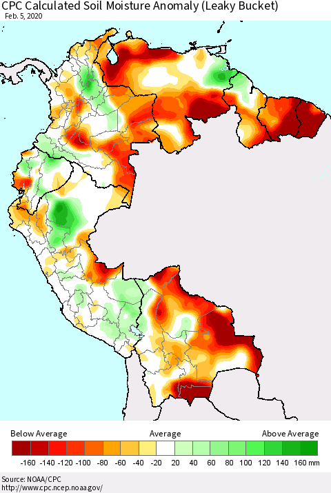 Northern South America CPC Soil Moisture Departure from Normal (Leaky Bucket) Thematic Map For 2/1/2020 - 2/5/2020