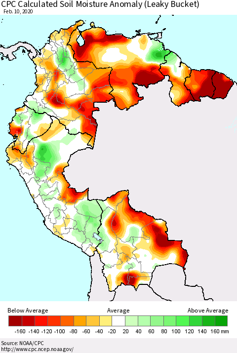 Northern South America CPC Calculated Soil Moisture Anomaly (Leaky Bucket) Thematic Map For 2/6/2020 - 2/10/2020