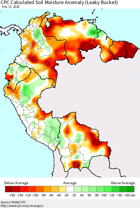 Northern South America CPC Soil Moisture Departure from Normal (Leaky Bucket) Thematic Map For 2/11/2020 - 2/15/2020