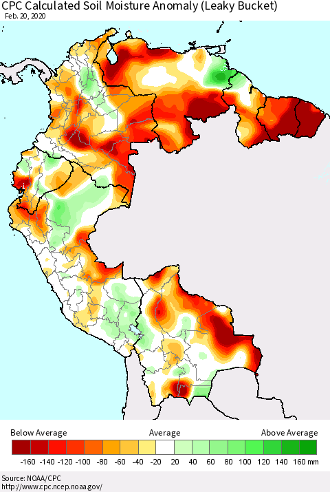 Northern South America CPC Calculated Soil Moisture Anomaly (Leaky Bucket) Thematic Map For 2/16/2020 - 2/20/2020