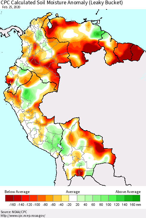 Northern South America CPC Calculated Soil Moisture Anomaly (Leaky Bucket) Thematic Map For 2/21/2020 - 2/25/2020