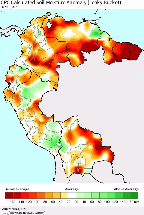 Northern South America CPC Soil Moisture Departure from Normal (Leaky Bucket) Thematic Map For 3/1/2020 - 3/5/2020