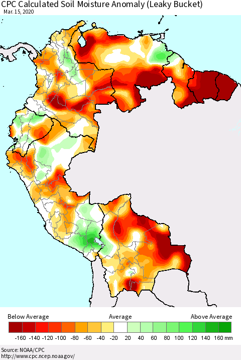 Northern South America CPC Calculated Soil Moisture Anomaly (Leaky Bucket) Thematic Map For 3/11/2020 - 3/15/2020
