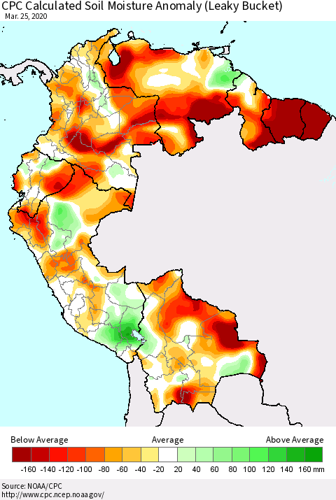 Northern South America CPC Calculated Soil Moisture Anomaly (Leaky Bucket) Thematic Map For 3/21/2020 - 3/25/2020