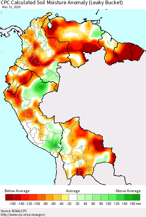 Northern South America CPC Calculated Soil Moisture Anomaly (Leaky Bucket) Thematic Map For 3/26/2020 - 3/31/2020