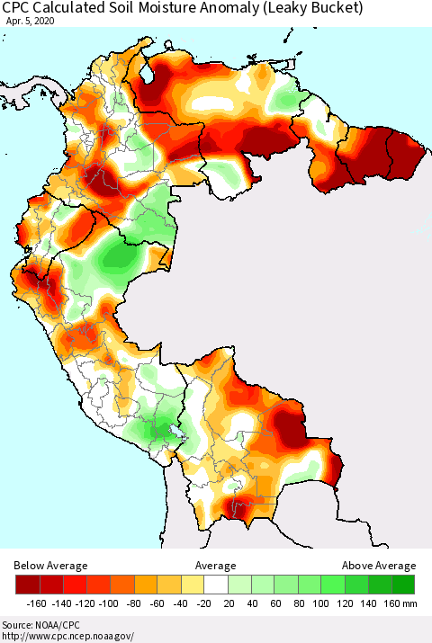 Northern South America CPC Soil Moisture Departure from Normal (Leaky Bucket) Thematic Map For 4/1/2020 - 4/5/2020