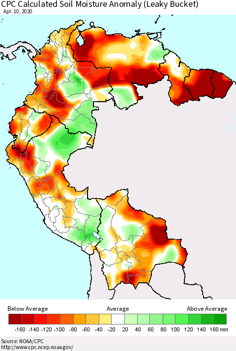 Northern South America CPC Calculated Soil Moisture Anomaly (Leaky Bucket) Thematic Map For 4/6/2020 - 4/10/2020
