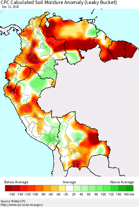 Northern South America CPC Calculated Soil Moisture Anomaly (Leaky Bucket) Thematic Map For 4/11/2020 - 4/15/2020