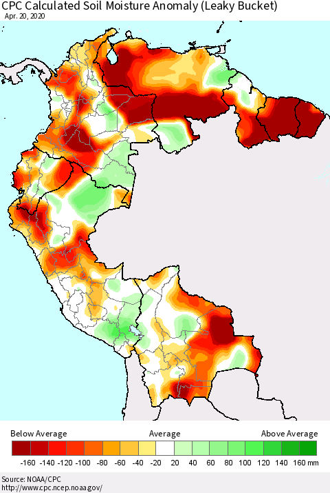 Northern South America CPC Calculated Soil Moisture Anomaly (Leaky Bucket) Thematic Map For 4/16/2020 - 4/20/2020
