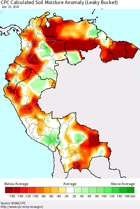 Northern South America CPC Calculated Soil Moisture Anomaly (Leaky Bucket) Thematic Map For 4/21/2020 - 4/25/2020