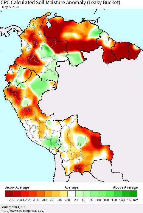 Northern South America CPC Calculated Soil Moisture Anomaly (Leaky Bucket) Thematic Map For 5/1/2020 - 5/5/2020