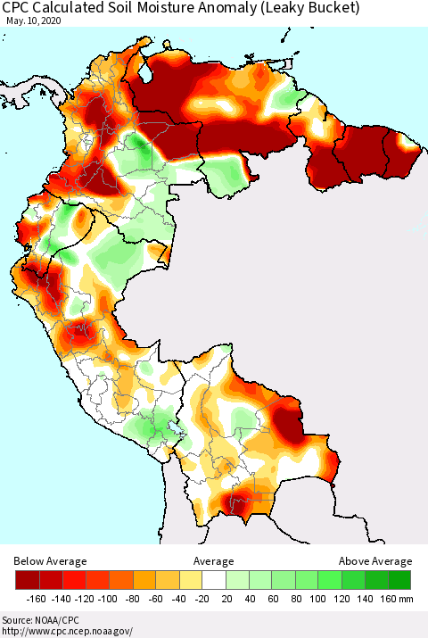 Northern South America CPC Calculated Soil Moisture Anomaly (Leaky Bucket) Thematic Map For 5/6/2020 - 5/10/2020