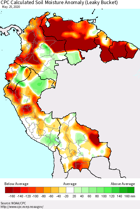 Northern South America CPC Calculated Soil Moisture Anomaly (Leaky Bucket) Thematic Map For 5/21/2020 - 5/25/2020