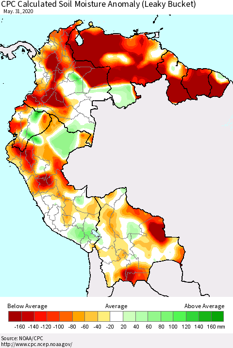 Northern South America CPC Calculated Soil Moisture Anomaly (Leaky Bucket) Thematic Map For 5/26/2020 - 5/31/2020
