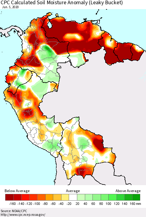 Northern South America CPC Calculated Soil Moisture Anomaly (Leaky Bucket) Thematic Map For 6/1/2020 - 6/5/2020