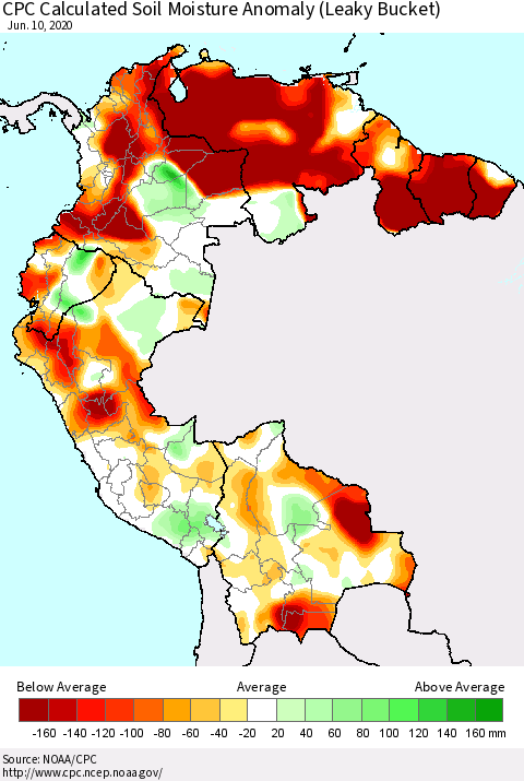Northern South America CPC Calculated Soil Moisture Anomaly (Leaky Bucket) Thematic Map For 6/6/2020 - 6/10/2020