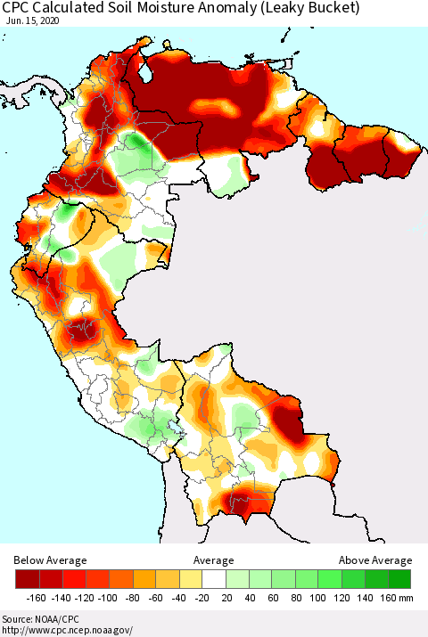 Northern South America CPC Soil Moisture Departure from Normal (Leaky Bucket) Thematic Map For 6/11/2020 - 6/15/2020