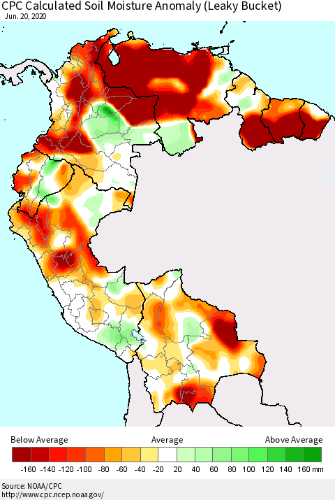 Northern South America CPC Calculated Soil Moisture Anomaly (Leaky Bucket) Thematic Map For 6/16/2020 - 6/20/2020