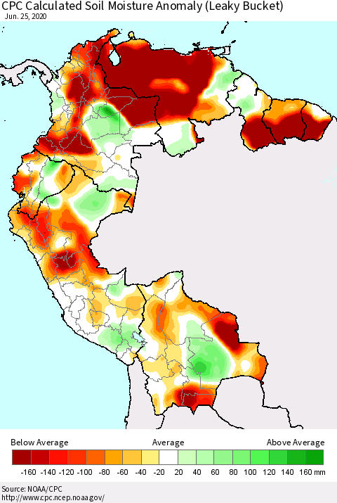 Northern South America CPC Calculated Soil Moisture Anomaly (Leaky Bucket) Thematic Map For 6/21/2020 - 6/25/2020