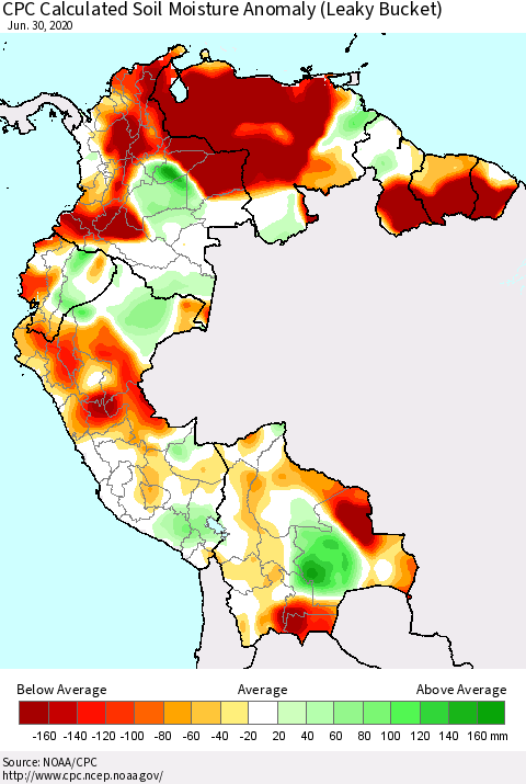 Northern South America CPC Calculated Soil Moisture Anomaly (Leaky Bucket) Thematic Map For 6/26/2020 - 6/30/2020
