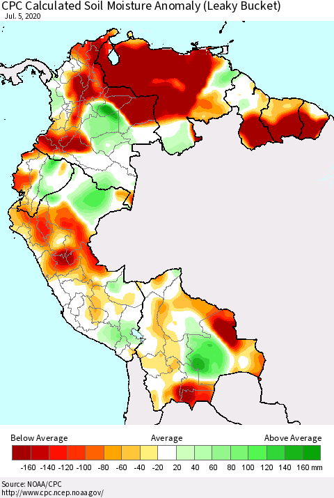 Northern South America CPC Calculated Soil Moisture Anomaly (Leaky Bucket) Thematic Map For 7/1/2020 - 7/5/2020