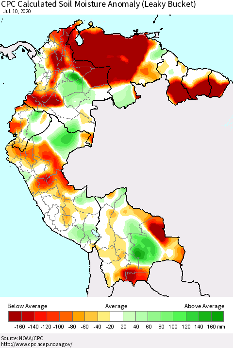Northern South America CPC Calculated Soil Moisture Anomaly (Leaky Bucket) Thematic Map For 7/6/2020 - 7/10/2020