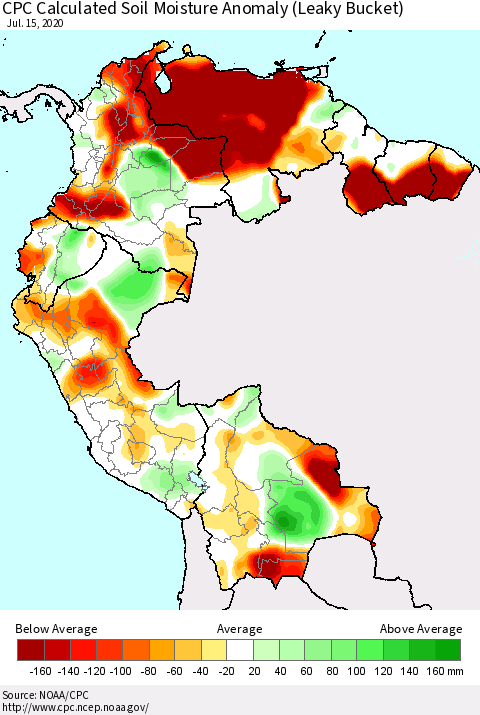 Northern South America CPC Calculated Soil Moisture Anomaly (Leaky Bucket) Thematic Map For 7/11/2020 - 7/15/2020